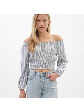 Aeropostale Womens XS Off-Shoulder Stripe Long Sleeve Cropped Blouse Blue White